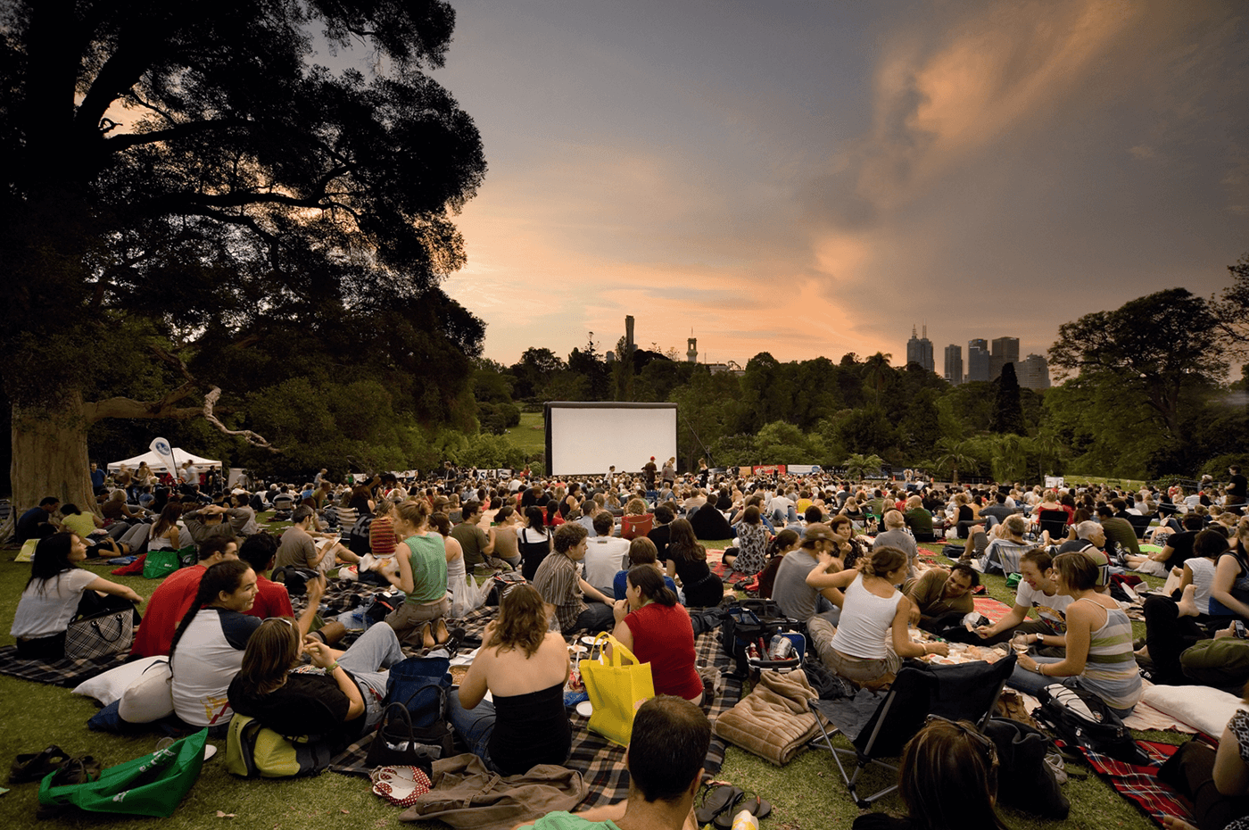 Screen, projector, console and sound for movies in the park